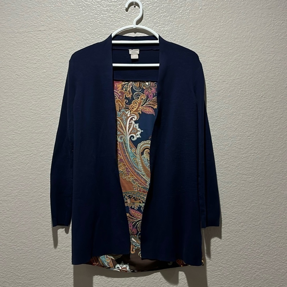 Chico's Midnight Blue Paisley Woven Back Cardigan Sweater Sz 0(Small) TC0769